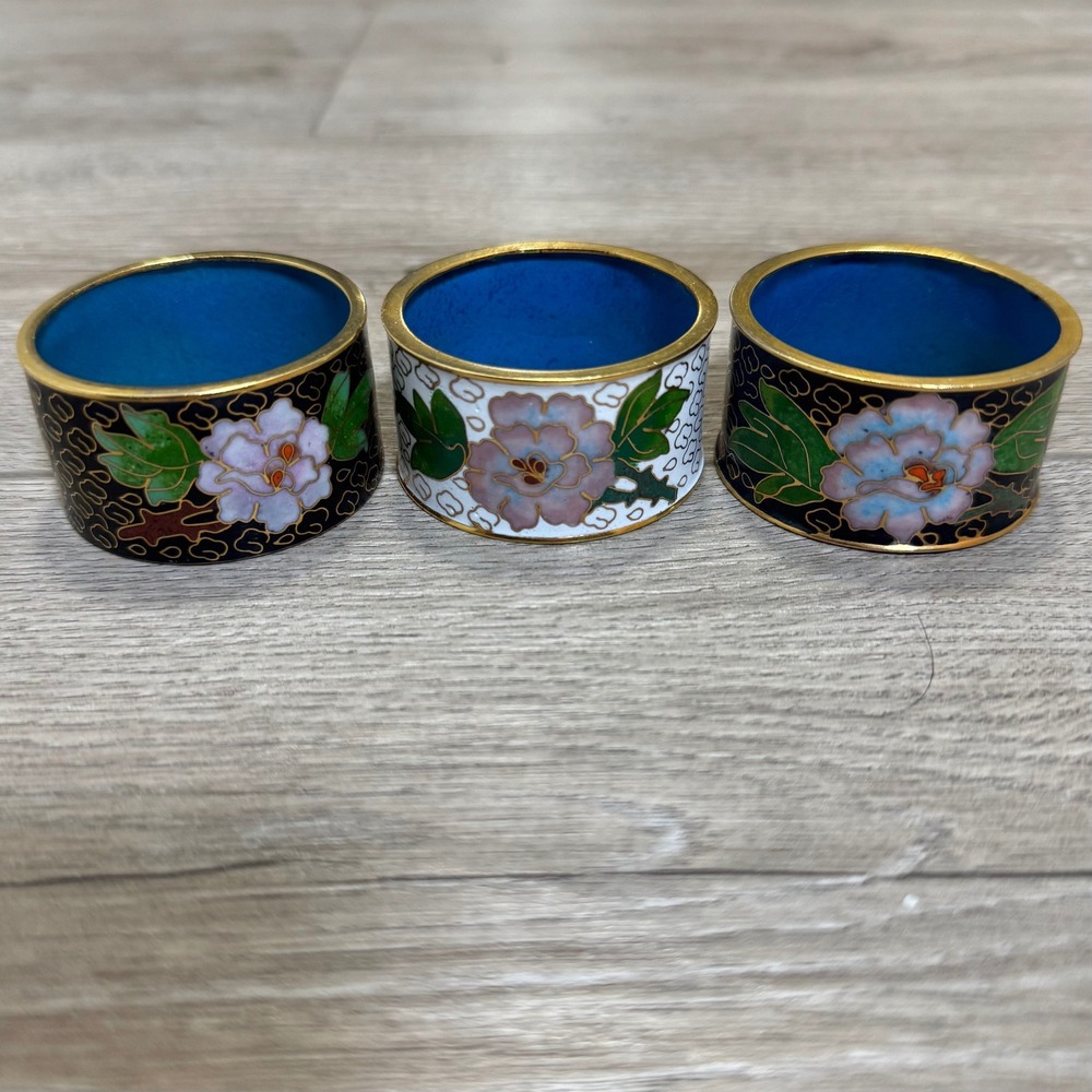 Vintage Cloisonne Enamel Napkin Rings Set of 3 Floral Black White Gold Tone